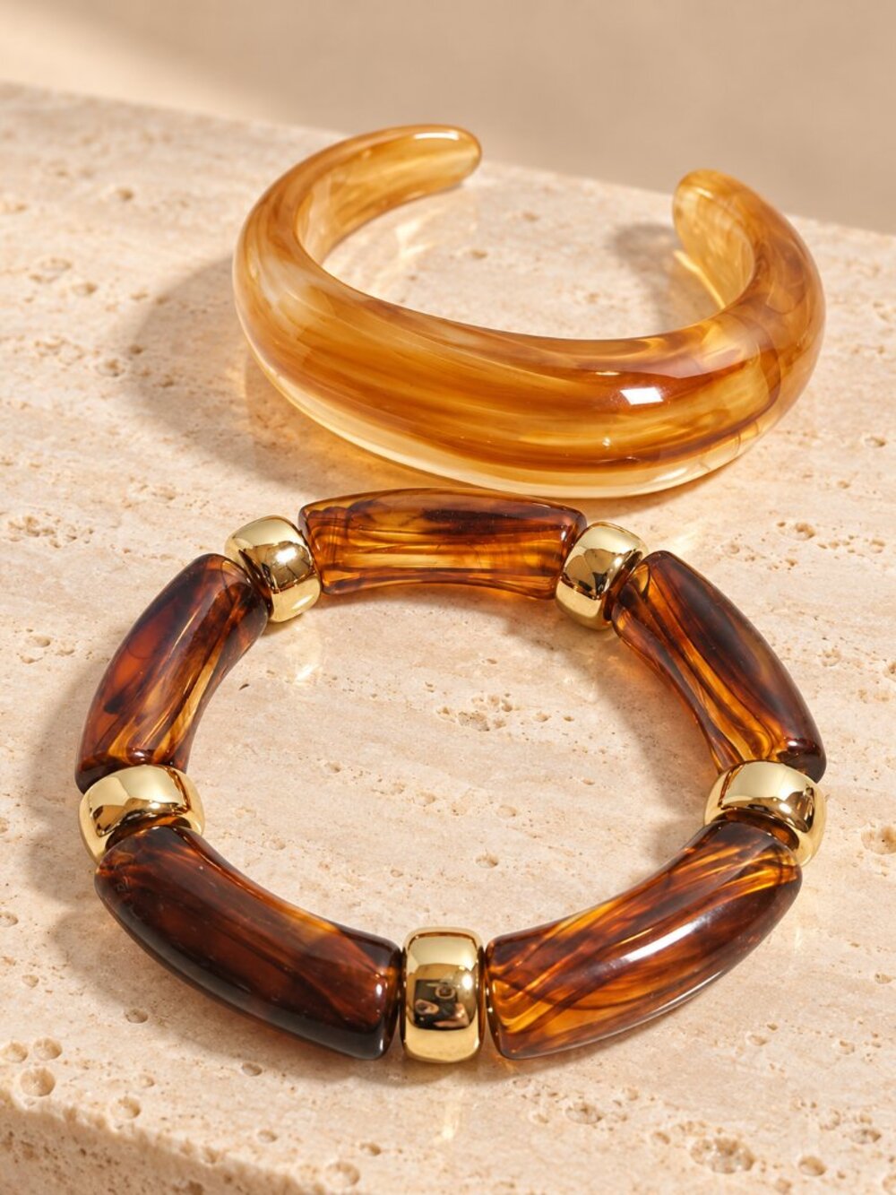 2 Pc Brown Marbled Resin Bracelet Set Gold Tone